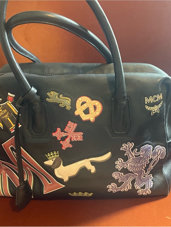 MCM Handbags - MCM Black Leather Satchel with Multicolor Patch Motifs